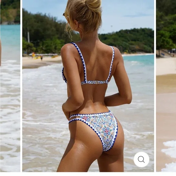 🆕 Jimmi Swim Blue unique sexy print TRIANGLE HIGH CUT MOSAIC BIKINI SET NWT S - Picture 2 of 15
